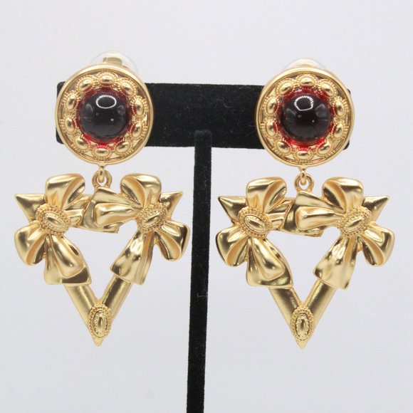 YSL YVES SAINT LAURENT RED GRIPOIX GLASS LONG EARRINGS - Picture 4 of 7